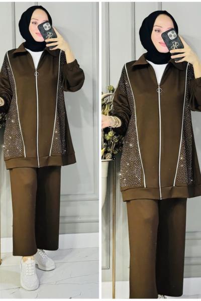 Yağmur taşlı fermuarlı oysho takım Kahverengi