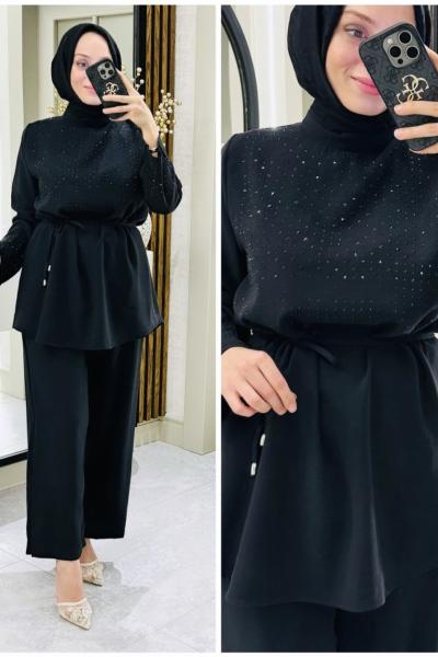 Nurbanu taşlı takım Siyah