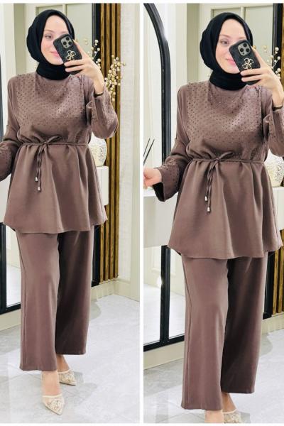 Nurbanu taşlı takım Kahverengi