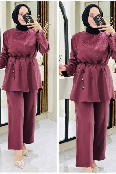 Nurbanu taşlı takım Bordo