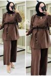 Asya broşlu takım Kahverengi