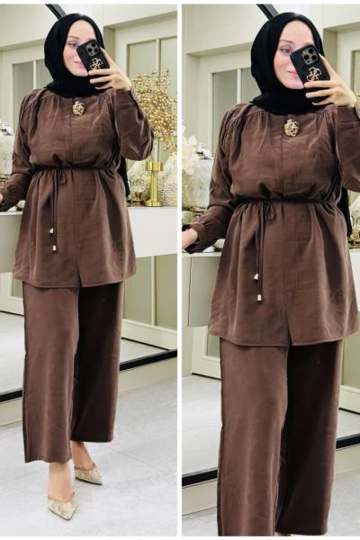 Asya broşlu takım Kahverengi