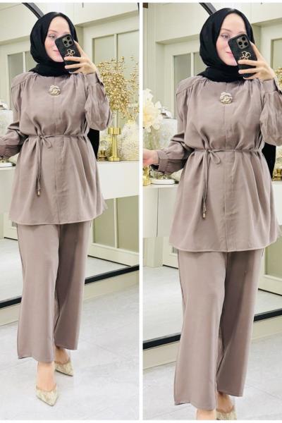 Asya broşlu takım Taş Rengi