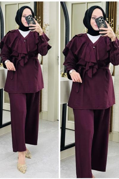 Alya fırfırlı takım Bordo