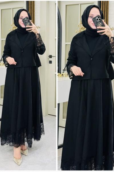 İnci dantelli etekli takım Siyah